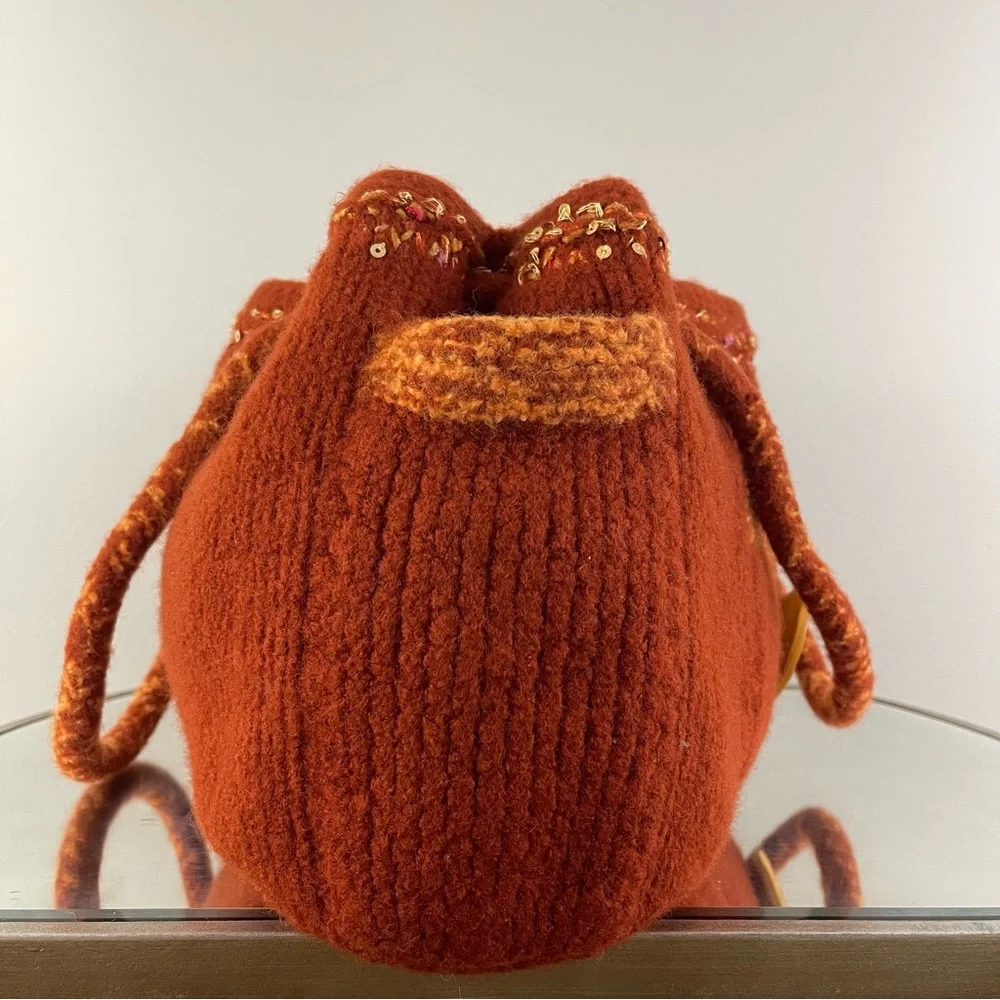 90s Burnt Orange Handmade Sequin Knit Felted Wool Slouchy Hobo Shoulder Bag Tote